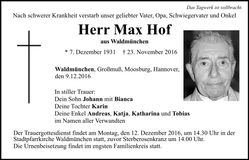 Traueranzeige Max Hof