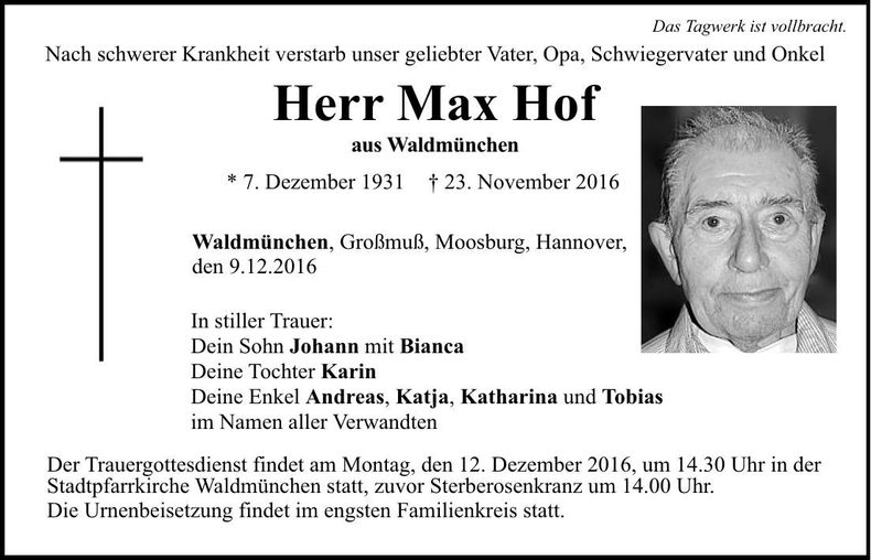 Traueranzeige Max Hof