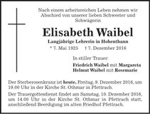 Traueranzeige Elisabeth Waibel