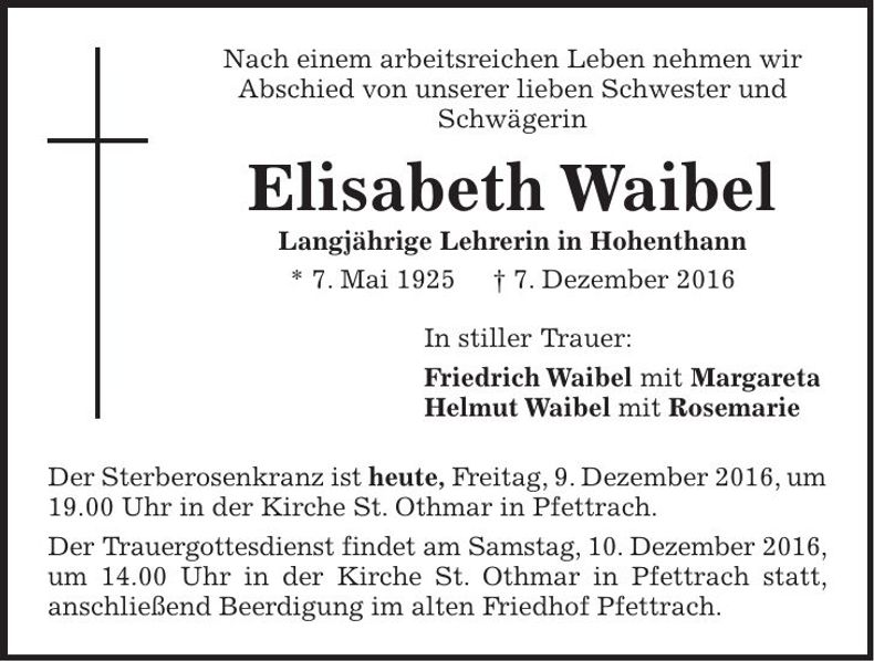 Traueranzeige Elisabeth Waibel