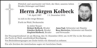Traueranzeige Jürgen Kolbeck