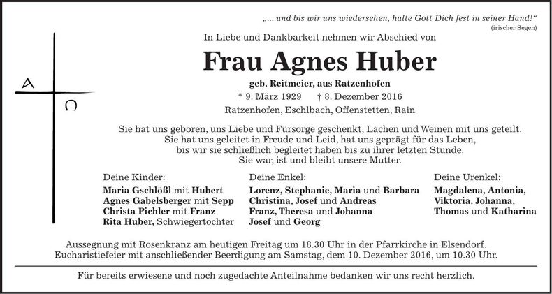 Traueranzeige Agnes Huber