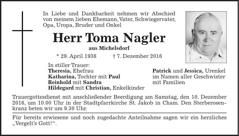 Traueranzeige Toma Nagler