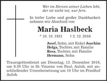Traueranzeige Maria Haslbeck