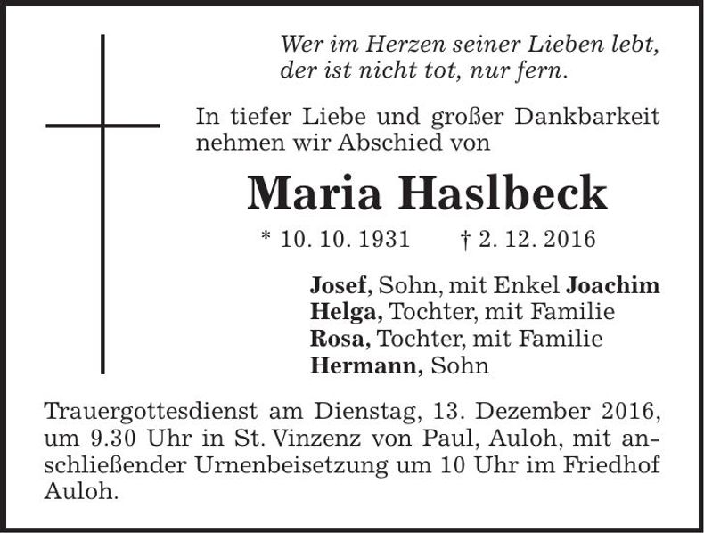 Traueranzeige Maria Haslbeck
