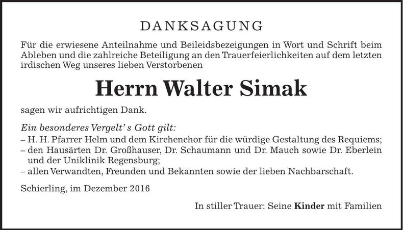 Traueranzeige Walter Simak