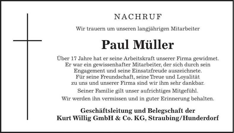 Traueranzeige Paul Müller