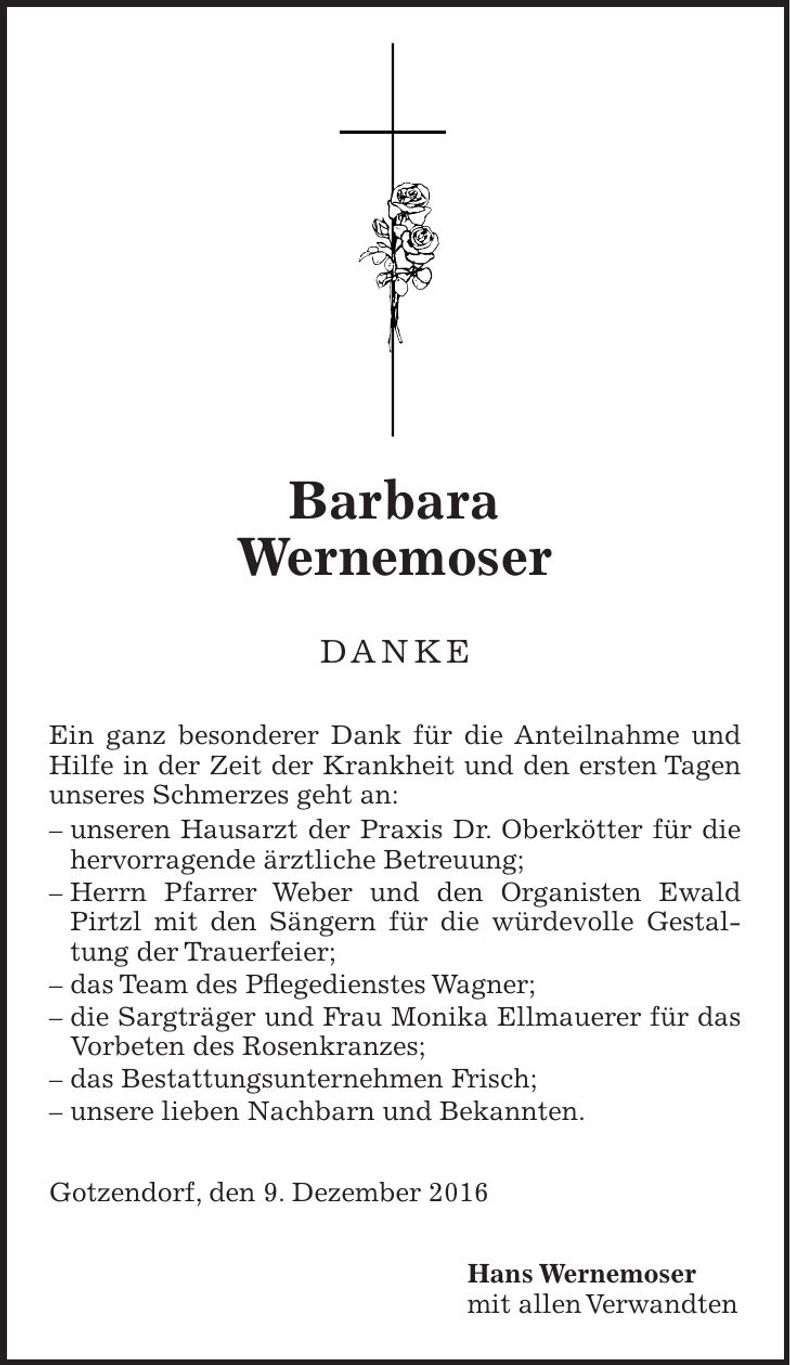 Traueranzeige Barbara Wernemoser