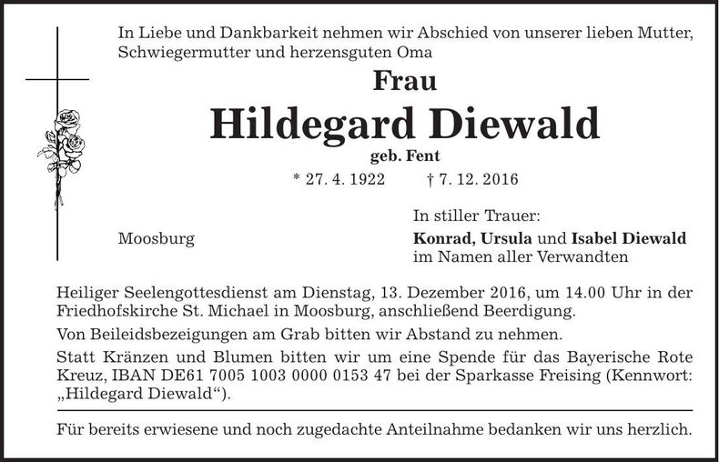 Traueranzeige Hildegard Diewald