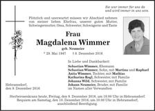 Traueranzeige Magdalena Wimmer