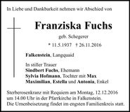 Traueranzeige Franziska Fuchs