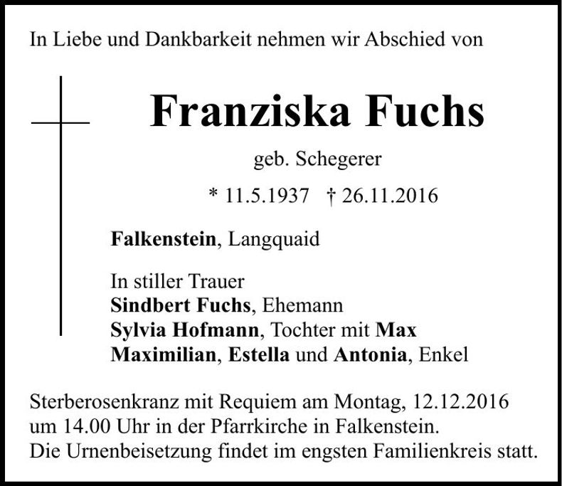 Traueranzeige Franziska Fuchs
