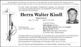 Traueranzeige Walter Kindl