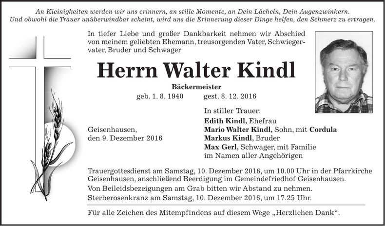 Traueranzeige Walter Kindl