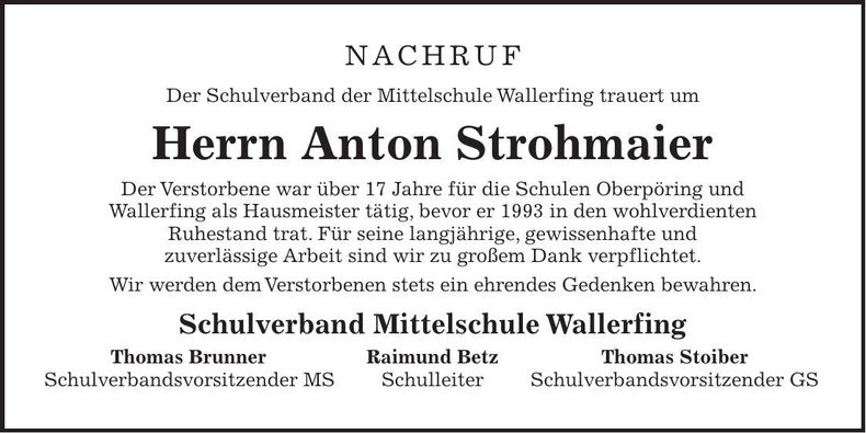 Traueranzeige Anton Strohmaier