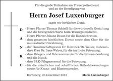 Traueranzeige Josef Luxenburger