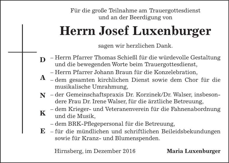 Traueranzeige Josef Luxenburger