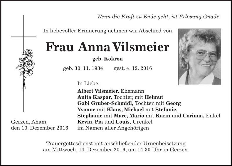 Traueranzeige Anna Vilsmeier