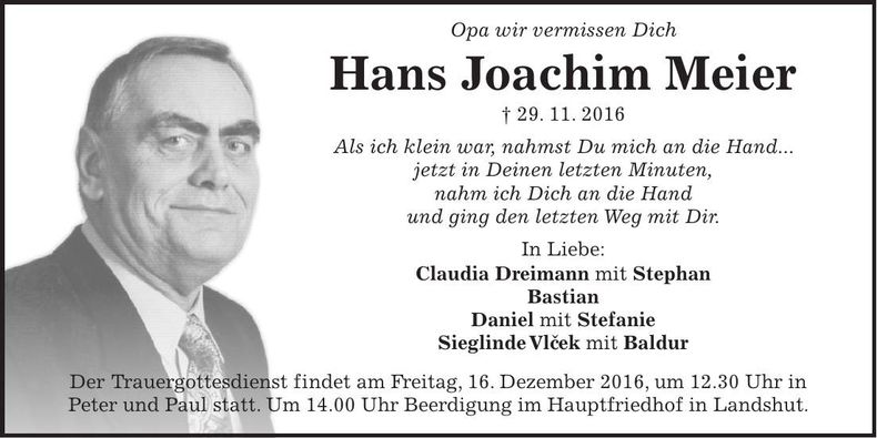 Traueranzeige Hans Joachim Meier