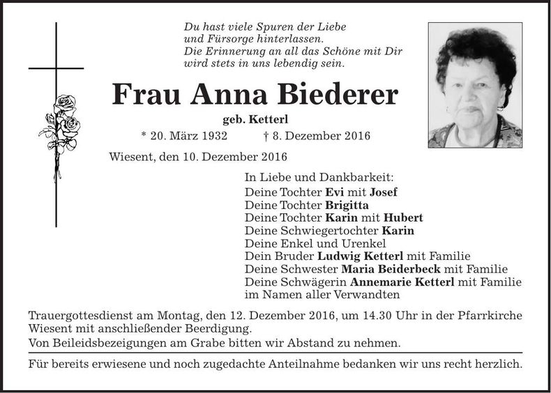 Traueranzeige Anna Biederer