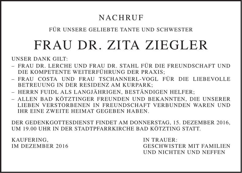 Traueranzeige Zita Dr. Ziegler