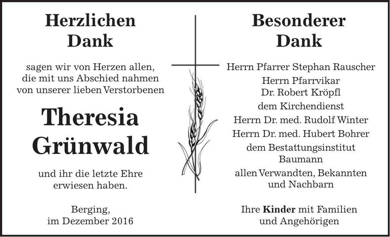 Traueranzeige Theresia Grünwald