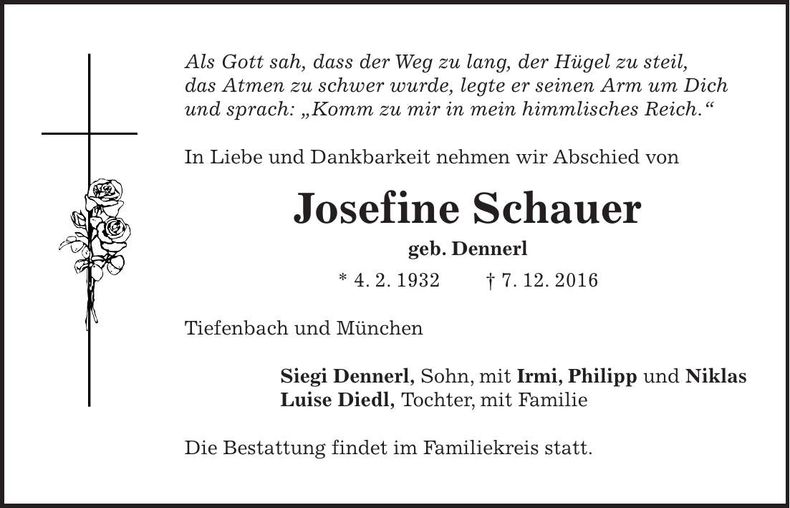 Traueranzeige Josefine Schauer