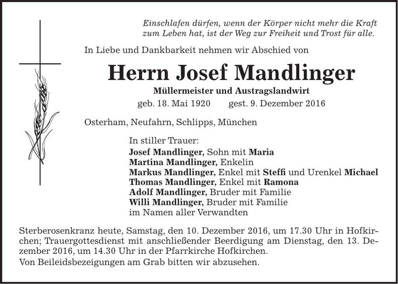 Traueranzeige Josef Mandlinger