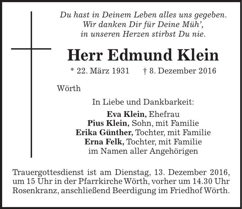 Traueranzeige Edmund Klein