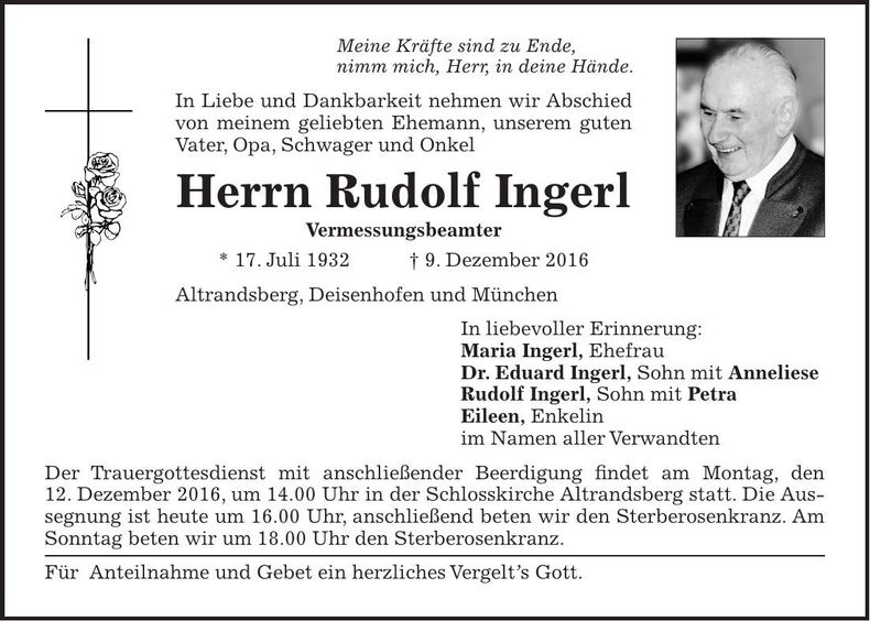 Traueranzeige Rudolf Ingerl