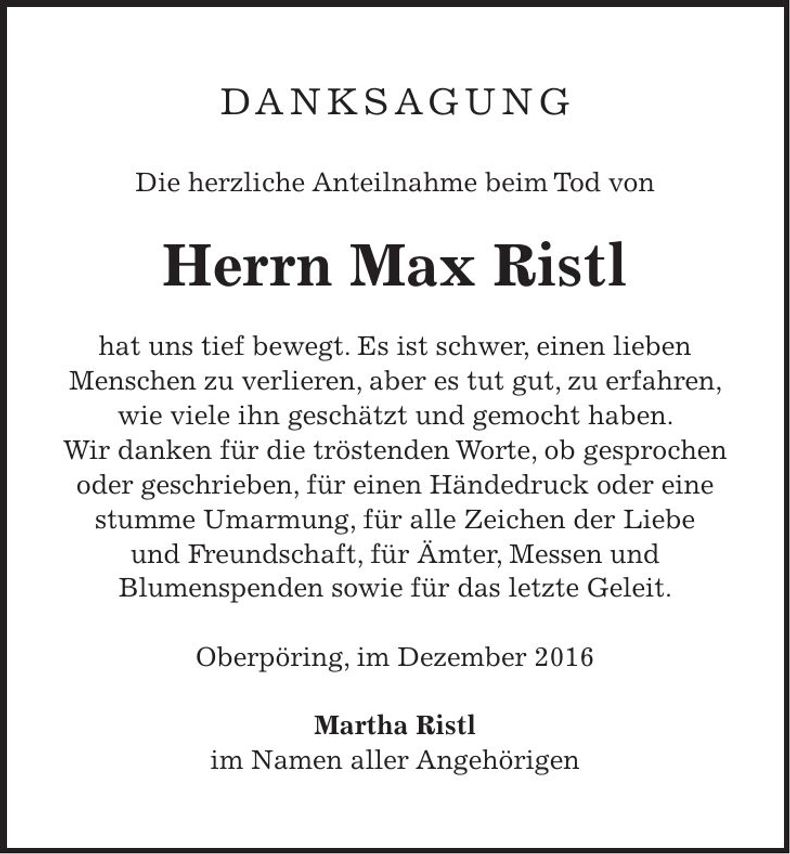 Traueranzeige Max Ristl