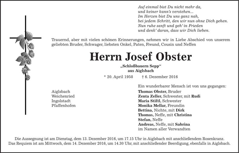 Traueranzeige Josef Obster