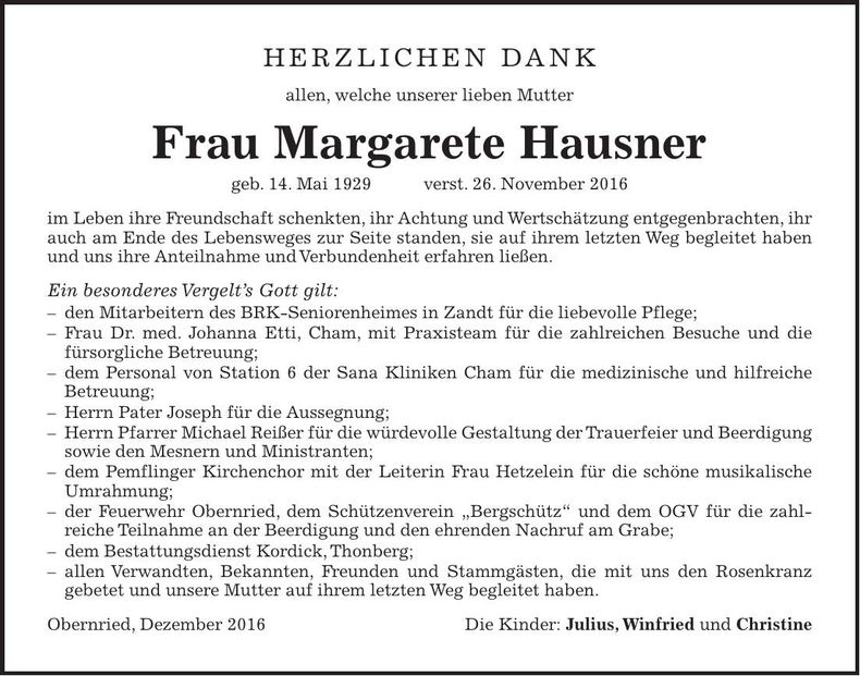 Traueranzeige Margarete Hausner