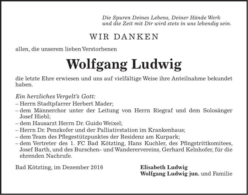 Traueranzeige Wolfgang Ludwig