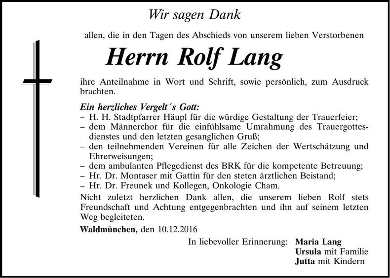 Traueranzeige Rolf Lang