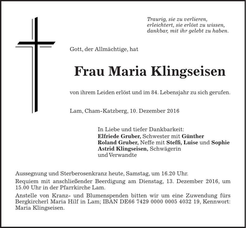Traueranzeige Maria Klingseisen