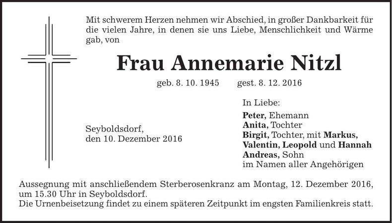 Traueranzeige Annemarie Nitzl