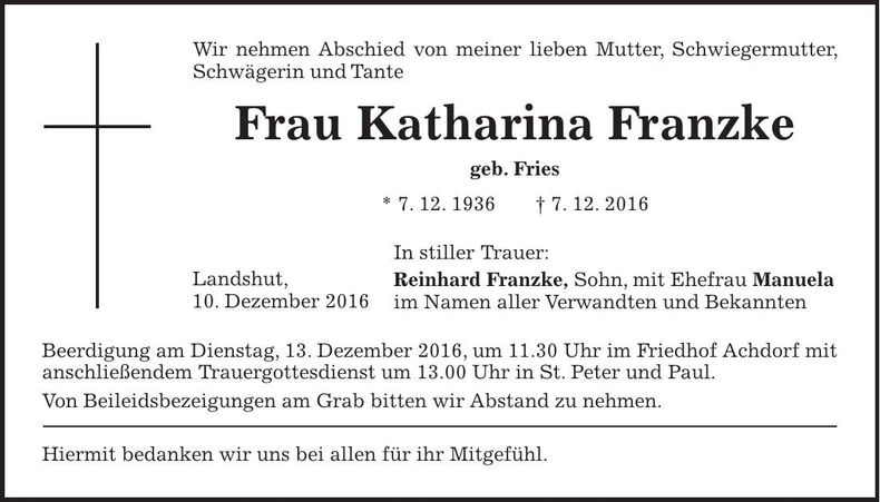 Traueranzeige Katharina Franzke