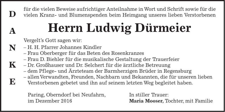 Traueranzeige Ludwig Dürmeier