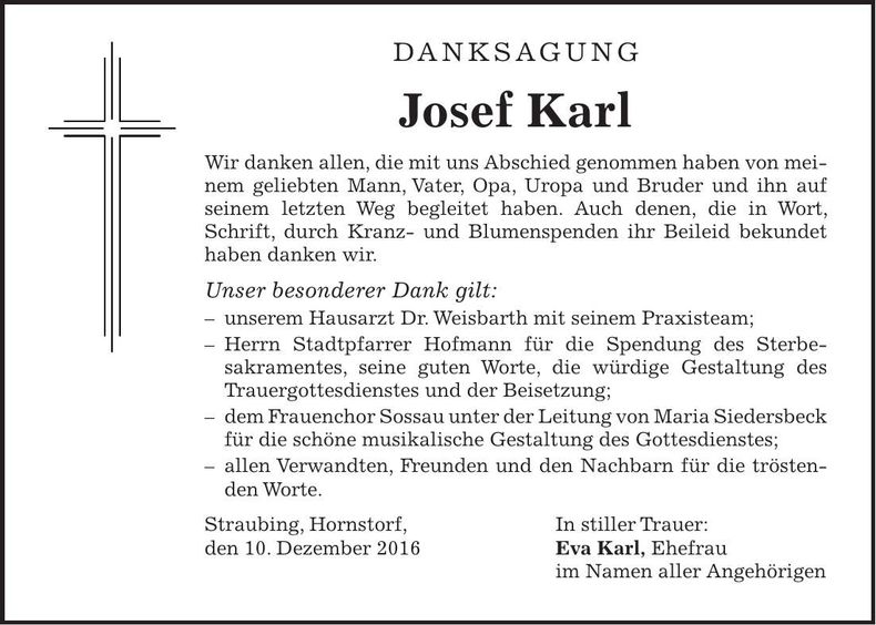 Traueranzeige Josef Karl