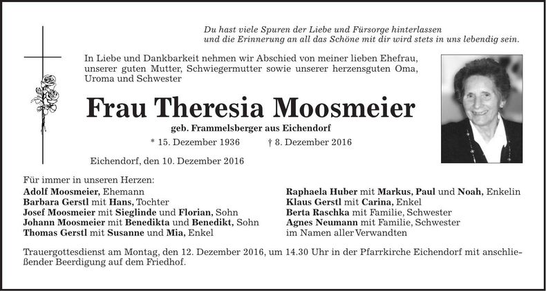 Traueranzeige Theresia Moosmeier