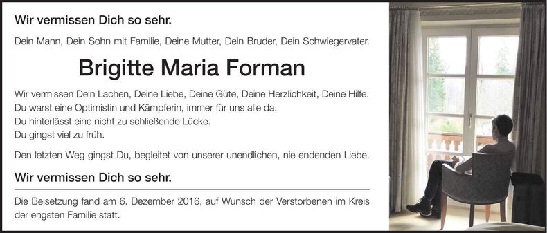 Traueranzeige Brigitte Maria Forman