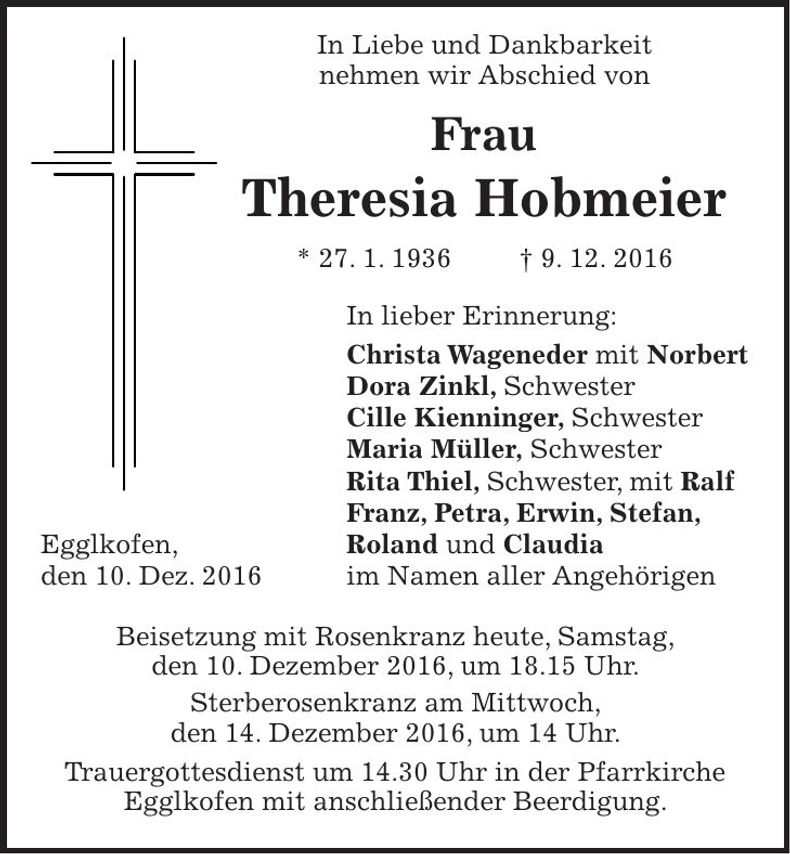 Traueranzeige Theresia Hobmeier
