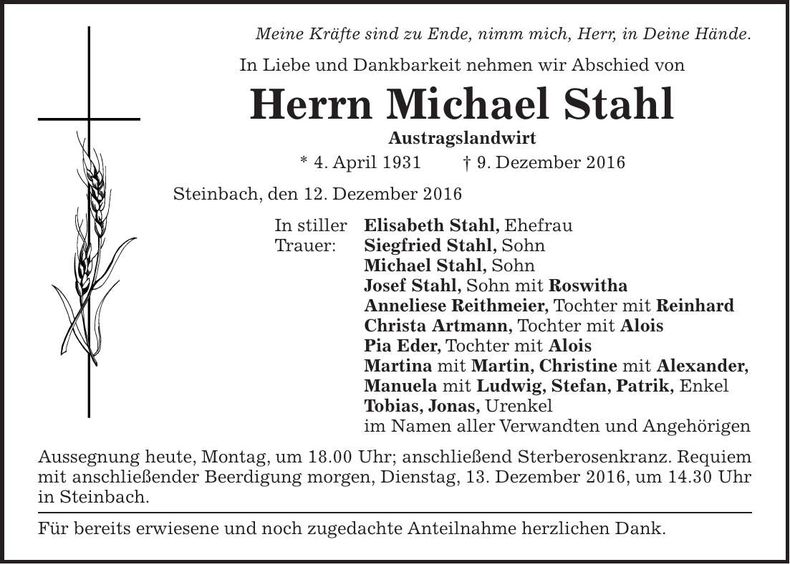 Traueranzeige Michael Stahl