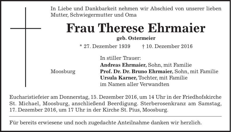 Traueranzeige Therese Ehrmaier