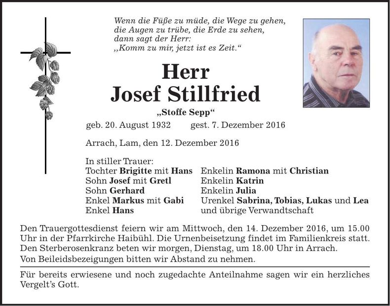 Traueranzeige Josef Stillfried