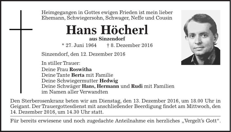 Traueranzeige Hans Höcherl