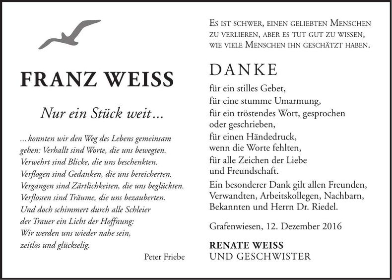 Traueranzeige Franz Weiss