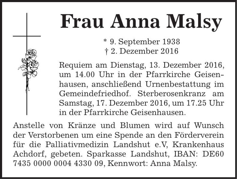 Traueranzeige Anna Malsy