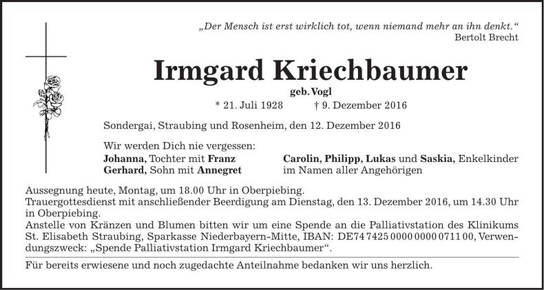 Traueranzeige Irmgard Kriechbaumer